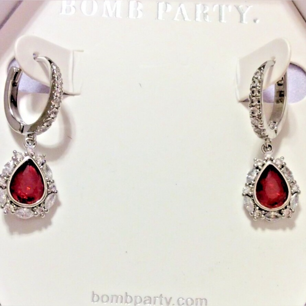 Bomb Party Blooming Wonder Lab Ruby Rhodium Plated Dangle Earrings new in box - Picture 2 of 7